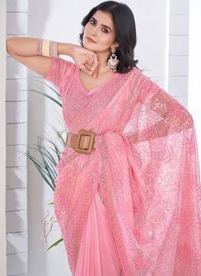 Designer tissue net with sequin work saree with unstitched blouse 5