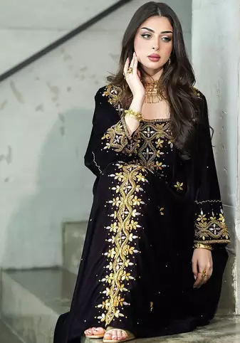  Black Velvet Stitched Kaftan with Heavy Golden Embroidery     Party & Festive Wear