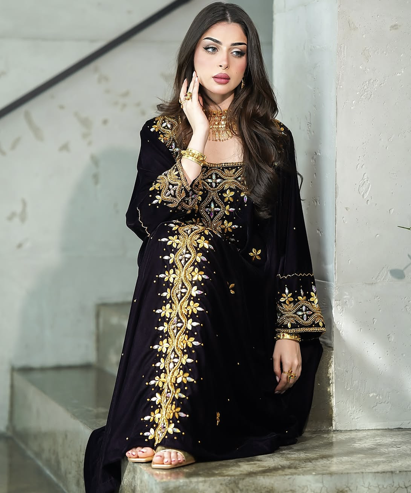  Black Velvet Stitched Kaftan with Heavy Golden Embroidery     Party & Festive Wear