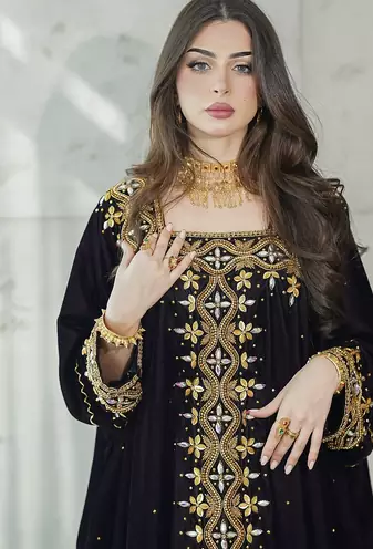  Black Velvet Stitched Kaftan with Heavy Golden Embroidery     Party & Festive Wear