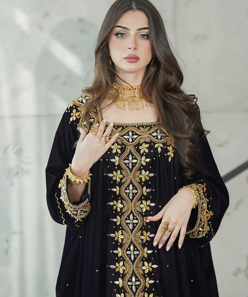  Black Velvet Stitched Kaftan with Heavy Golden Embroidery     Party & Festive Wear