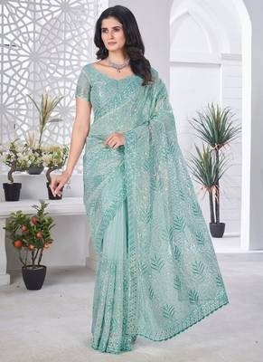Designer tissue net with sequin work saree with unstitched blouse 1