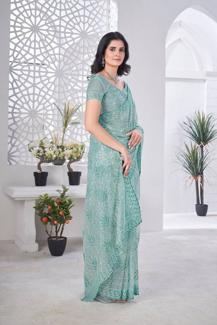 Designer tissue net with sequence work saree with unstitched blouse