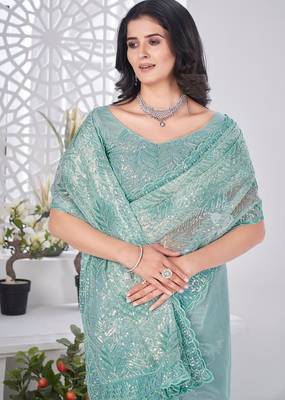 Designer tissue net with sequin work saree with unstitched blouse 5