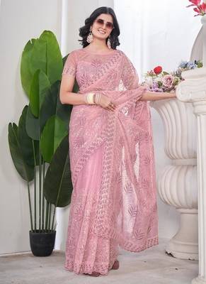 Designer tissue net with sequin work saree with unstitched blouse 4