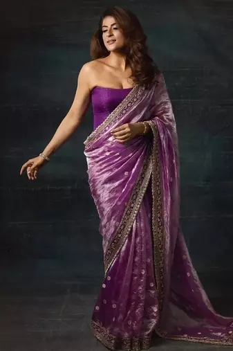 Soft mocha silk with sequin work party wear saree with unstitched blouse