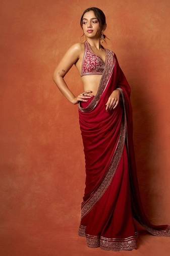 Designer fendy satin silk with embroidered sequence lace work party wear saree