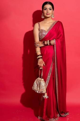 Red rangoli silk with sequence work saree with unstitched blouse