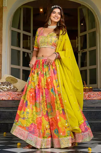 Printed Art silk blend Lehenga Choli in Multi Colour