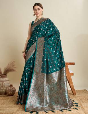 Soft litchi silk banarasi silk jacquard saree (str-rajgharana-04-rama) 4