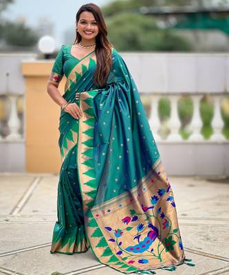 Soft litchi silk banarasi silk jacquard saree (temple-paithani-rama) 1