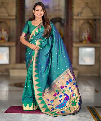 Soft litchi silk banarasi silk jacquard saree (temple-paithani-rama) 2