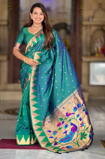 Soft litchi silk banarasi silk jacquard saree (temple-paithani-rama)