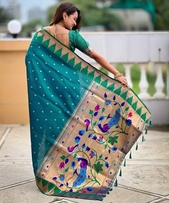 Soft litchi silk banarasi silk jacquard saree (temple-paithani-rama) 3