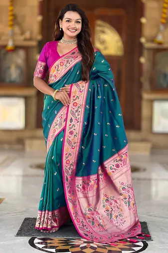 Soft litchi silk paithani jacquard saree (royal-paithani-2-rama-green)