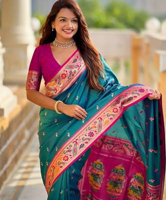 Soft litchi silk paithani jacquard saree (royal-paithani-2-rama-green) 5