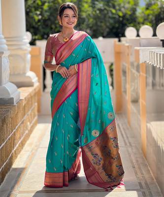 Soft litchi silk paithani jacquard saree (peacock-paithani-rama) 1