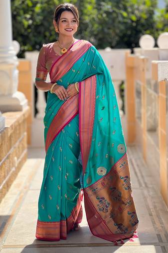 Soft litchi silk paithani jacquard saree (peacock-paithani-rama)