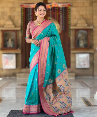 Soft litchi silk paithani jacquard saree (peacock-paithani-rama) 2