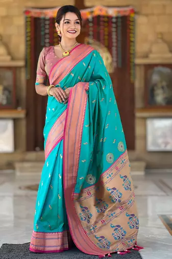 Soft litchi silk paithani jacquard saree (peacock-paithani-rama)