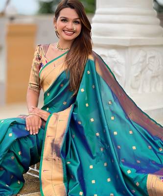 Soft litchi silk paithani jacquard saree (raffel-paithani-rama) 4