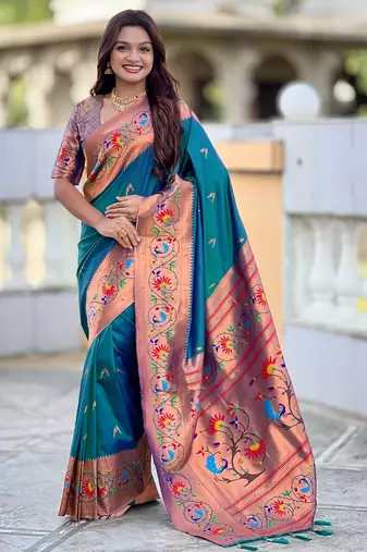 Soft litchi silk paithani jacquard saree (harmony-paithani-2-teal-rama)