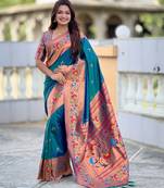 Soft litchi silk paithani jacquard saree (harmony-paithani-2-teal-rama)