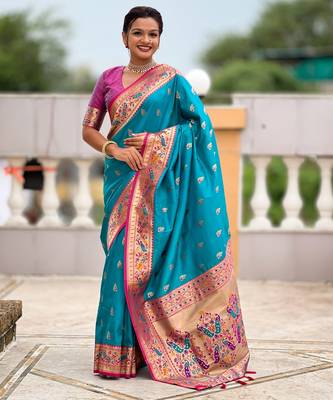 Soft litchi silk paithani jacquard saree (royal-paithani-1-firozi) 1
