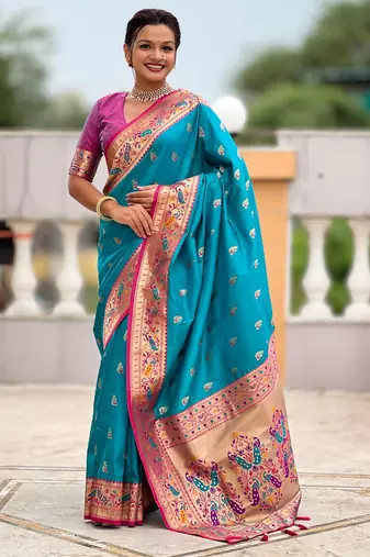 Soft litchi silk paithani jacquard saree (royal-paithani-1-firozi)