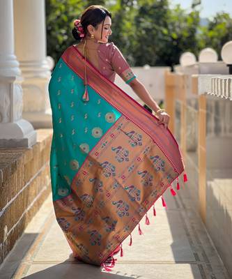 Soft litchi silk paithani jacquard saree (peacock-paithani-rama) 3