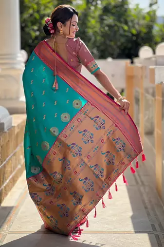 Soft litchi silk paithani jacquard saree (peacock-paithani-rama)