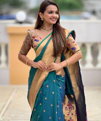 Soft litchi silk paithani jacquard saree (raffel-paithani-rama) 5