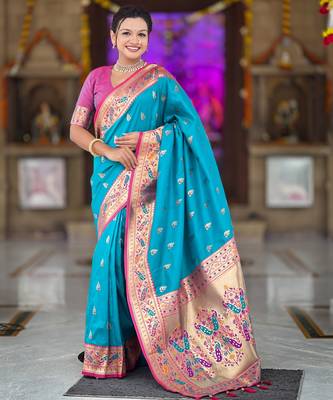 Soft litchi silk paithani jacquard saree (royal-paithani-1-firozi) 2