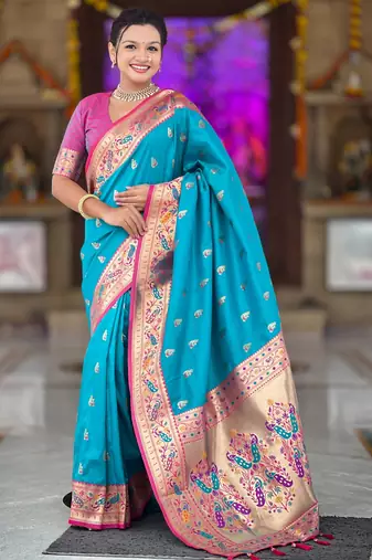 Soft litchi silk paithani jacquard saree (royal-paithani-1-firozi)