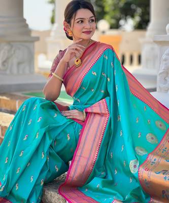 Soft litchi silk paithani jacquard saree (peacock-paithani-rama) 4