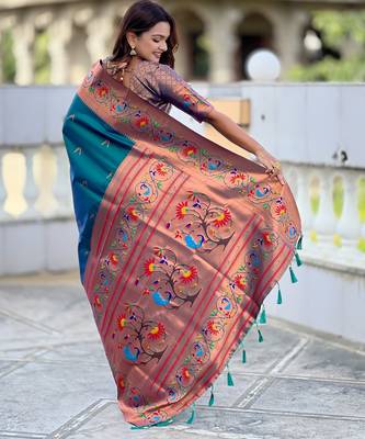 Soft litchi silk paithani jacquard saree (harmony-paithani-2-teal-rama) 3