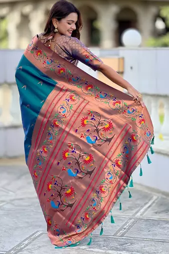 Soft litchi silk paithani jacquard saree (harmony-paithani-2-teal-rama)