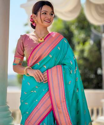 Soft litchi silk paithani jacquard saree (peacock-paithani-rama) 5