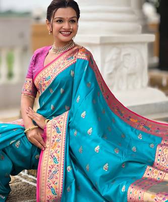 Soft litchi silk paithani jacquard saree (royal-paithani-1-firozi) 4