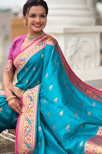 Soft litchi silk paithani jacquard saree (royal-paithani-1-firozi)