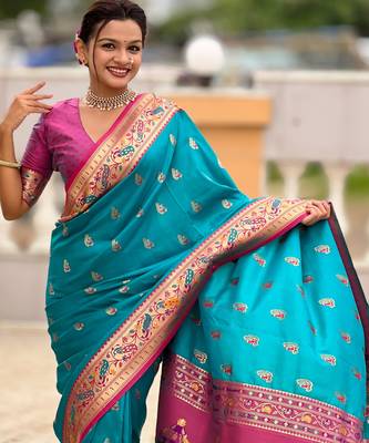 Soft litchi silk paithani jacquard saree (royal-paithani-1-firozi) 5