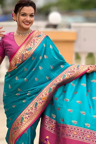 Soft litchi silk paithani jacquard saree (royal-paithani-1-firozi)