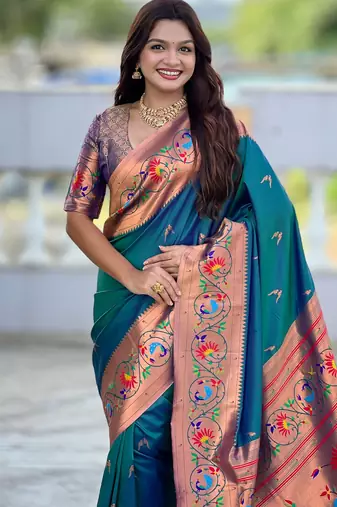 Soft litchi silk paithani jacquard saree (harmony-paithani-2-teal-rama)