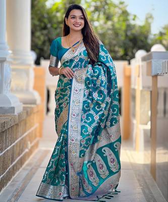 Soft litchi silk banarasi silk jacquard saree (banarasi-6-rama) 1