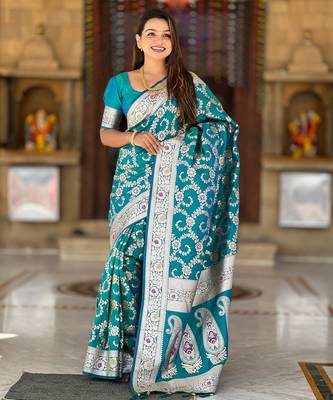 Soft litchi silk banarasi silk jacquard saree (banarasi-6-rama) 2