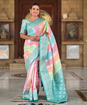 Soft litchi silk fancy jacquard bollywood saree (multi-colour-rama) 2