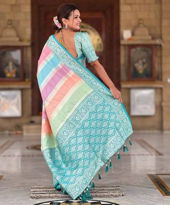 Soft litchi silk fancy jacquard bollywood saree (multi-colour-rama) 3