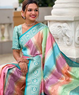 Soft litchi silk fancy jacquard bollywood saree (multi-colour-rama) 4