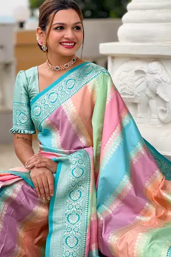 Soft litchi silk fancy jacquard bollywood saree (multi-colour-rama)