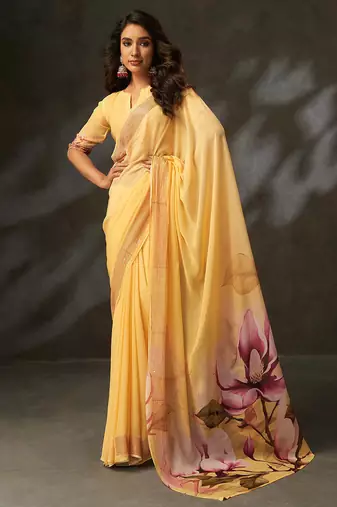 georgette art silk digital printed saree with croset work border | unstitched blouse | premium quality